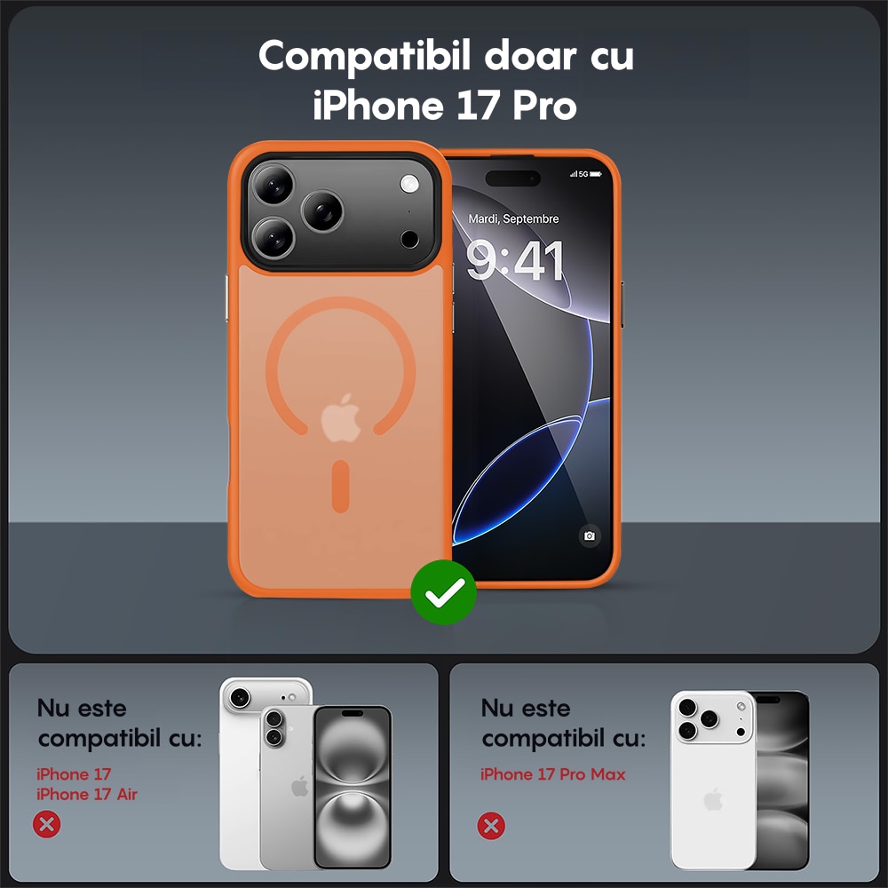 Husa compatibila cu Incarcare Magsafe pentru Apple iPhone 17 Pro, CASEY STUDIOS™, de Protectie, Slim, pentru Incarcare Wireless, Margini Ridicate pentru Protectia Ecranului si a Camerelor, Portocaliu