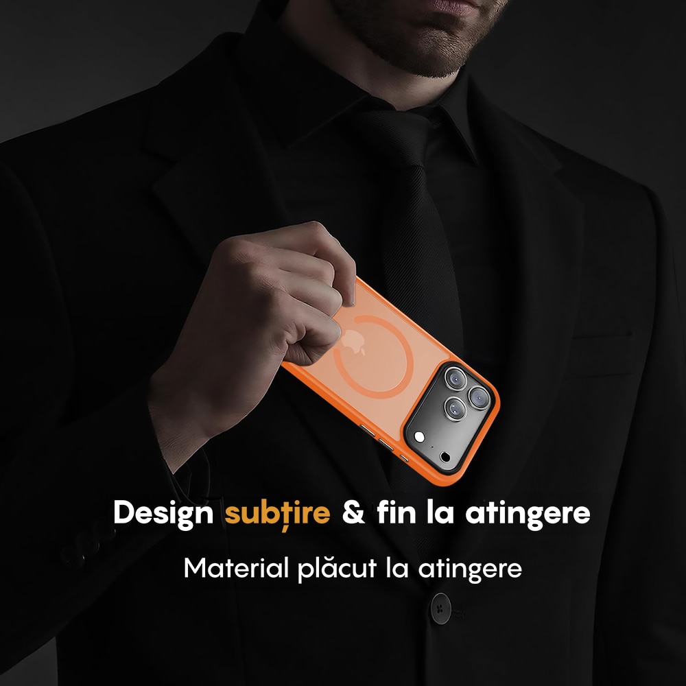 Husa compatibila cu Incarcare Magsafe pentru Apple iPhone 17 Pro, CASEY STUDIOS™, de Protectie, Slim, pentru Incarcare Wireless, Margini Ridicate pentru Protectia Ecranului si a Camerelor, Portocaliu
