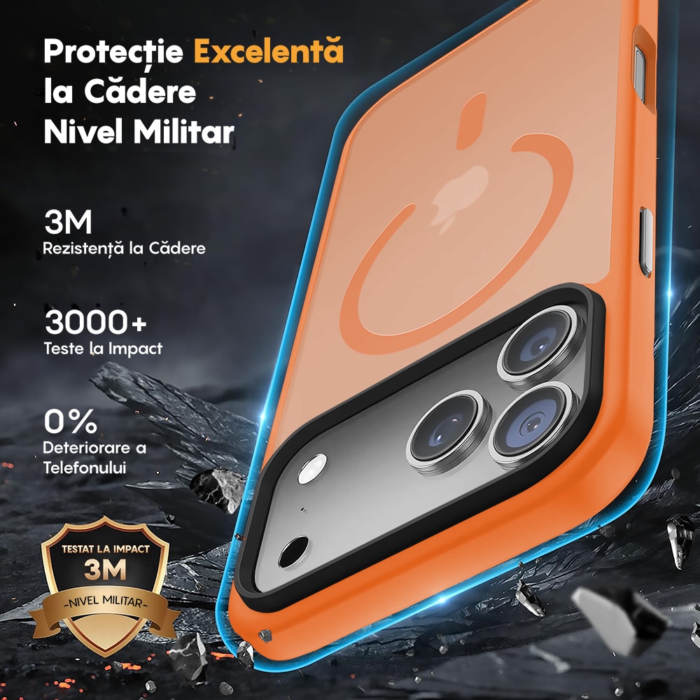 Husa compatibila cu Incarcare Magsafe pentru Apple iPhone 17 Pro, CASEY STUDIOS™, de Protectie, Slim, pentru Incarcare Wireless, Margini Ridicate pentru Protectia Ecranului si a Camerelor, Portocaliu