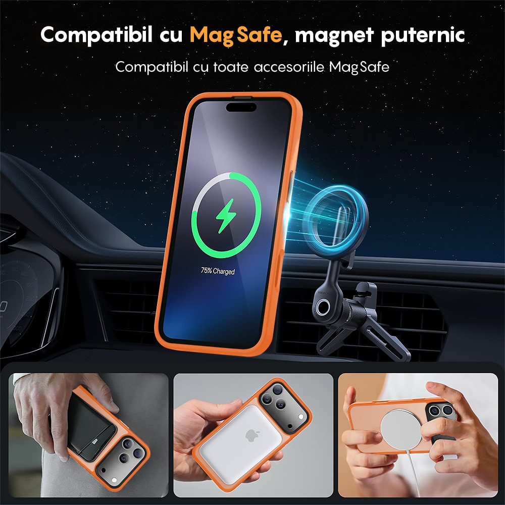 Husa compatibila cu Incarcare Magsafe pentru Apple iPhone 17 Pro, CASEY STUDIOS™, de Protectie, Slim, pentru Incarcare Wireless, Margini Ridicate pentru Protectia Ecranului si a Camerelor, Portocaliu