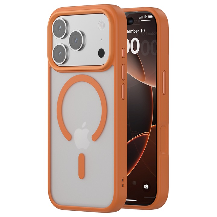 Husa compatibila cu Incarcare Magsafe pentru Apple iPhone 17 Pro Max, CASEY STUDIOS™, de Protectie, Slim, pentru Incarcare Wireless, Margini Ridicate pentru Protectia Ecranului si a Camerelor, Portocaliu