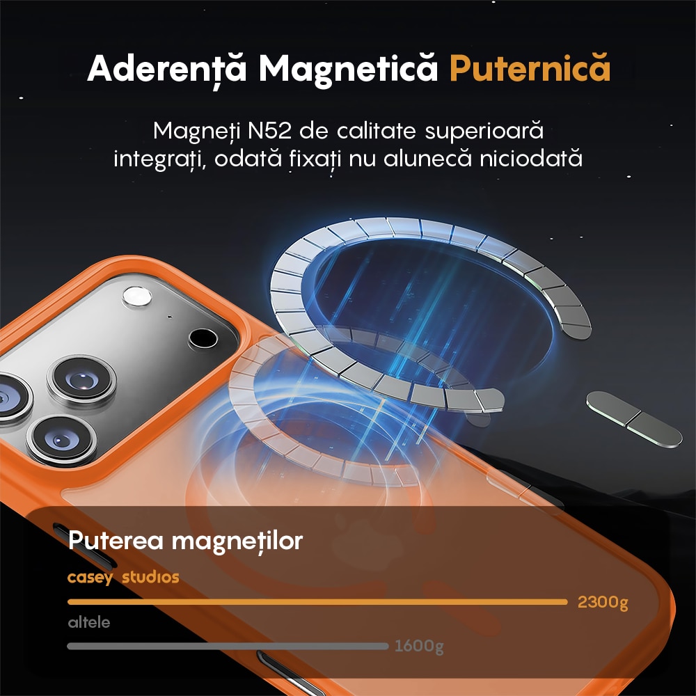 Husa compatibila cu Incarcare Magsafe pentru Apple iPhone 17 Pro, CASEY STUDIOS™, de Protectie, Slim, pentru Incarcare Wireless, Margini Ridicate pentru Protectia Ecranului si a Camerelor, Portocaliu