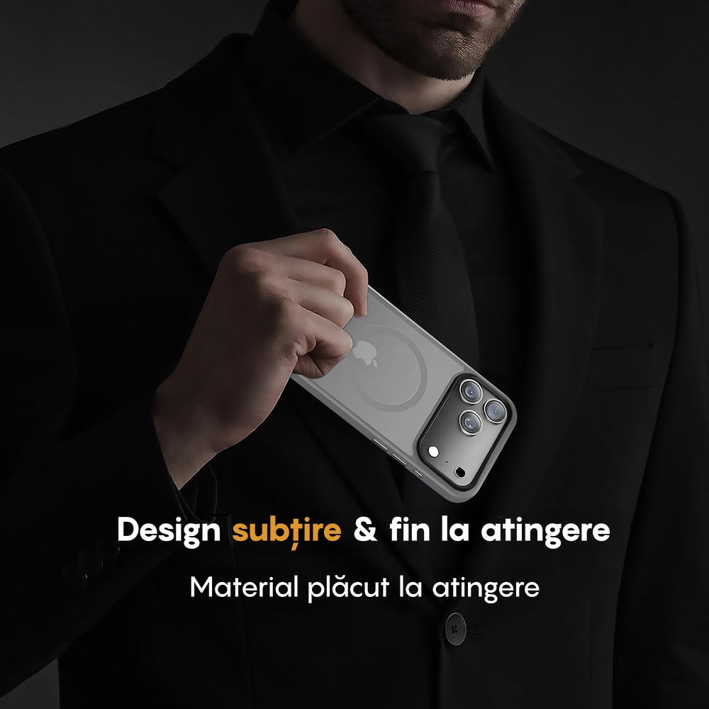 Husa compatibila cu Incarcare Magsafe pentru Apple iPhone 17 Pro Max, CASEY STUDIOS™, de Protectie, Slim, pentru Incarcare Wireless, Margini Ridicate pentru Protectia Ecranului si a Camerelor, Gri Deschis