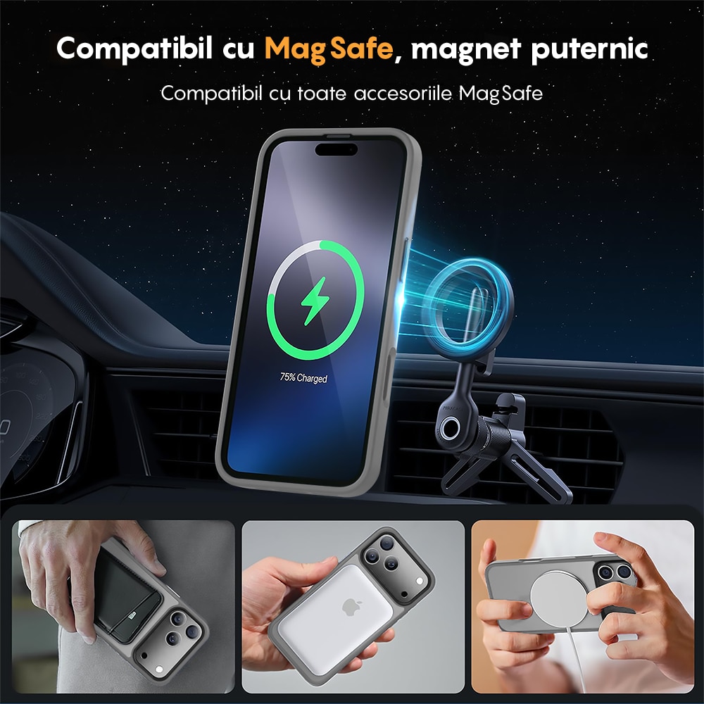 Husa compatibila cu Incarcare Magsafe pentru Apple iPhone 17 Pro Max, CASEY STUDIOS™, de Protectie, Slim, pentru Incarcare Wireless, Margini Ridicate pentru Protectia Ecranului si a Camerelor, Gri Deschis