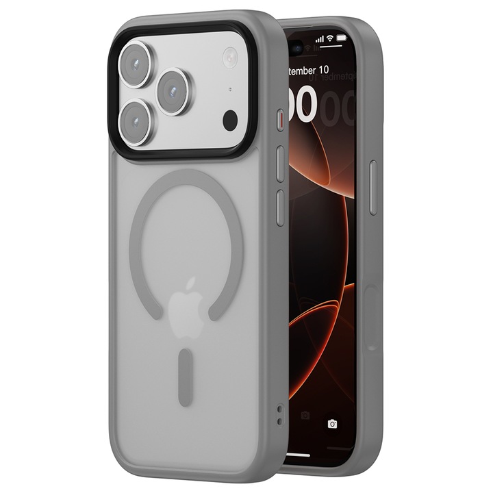 Husa compatibila cu Incarcare Magsafe pentru Apple iPhone 17 Pro, CASEY STUDIOS™, de Protectie, Slim, pentru Incarcare Wireless, Margini Ridicate pentru Protectia Ecranului si a Camerelor, Gri Deschis