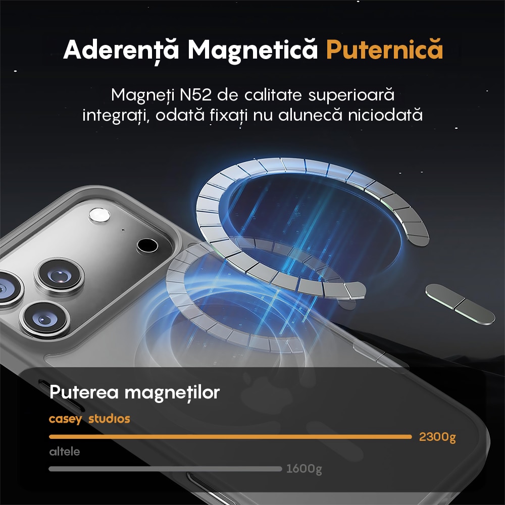 Husa compatibila cu Incarcare Magsafe pentru Apple iPhone 17 Pro Max, CASEY STUDIOS™, de Protectie, Slim, pentru Incarcare Wireless, Margini Ridicate pentru Protectia Ecranului si a Camerelor, Gri Deschis