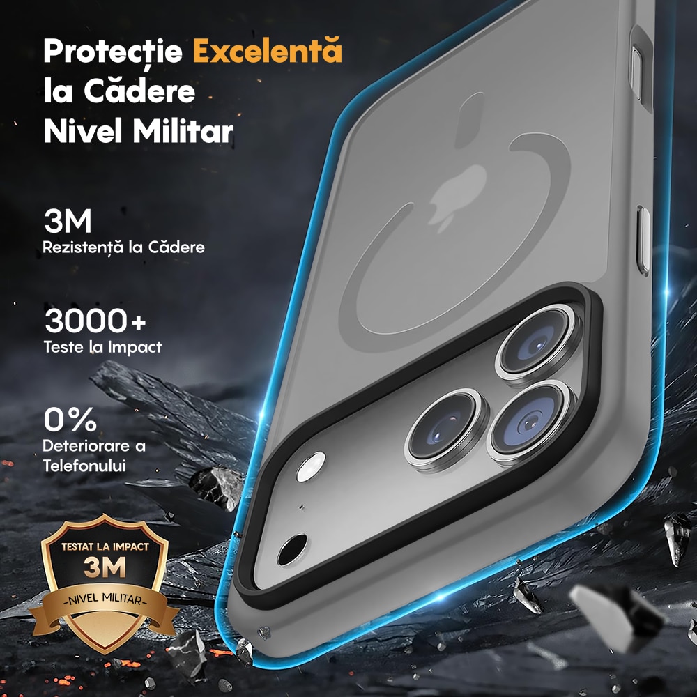 Husa compatibila cu Incarcare Magsafe pentru Apple iPhone 17 Pro Max, CASEY STUDIOS™, de Protectie, Slim, pentru Incarcare Wireless, Margini Ridicate pentru Protectia Ecranului si a Camerelor, Gri Deschis