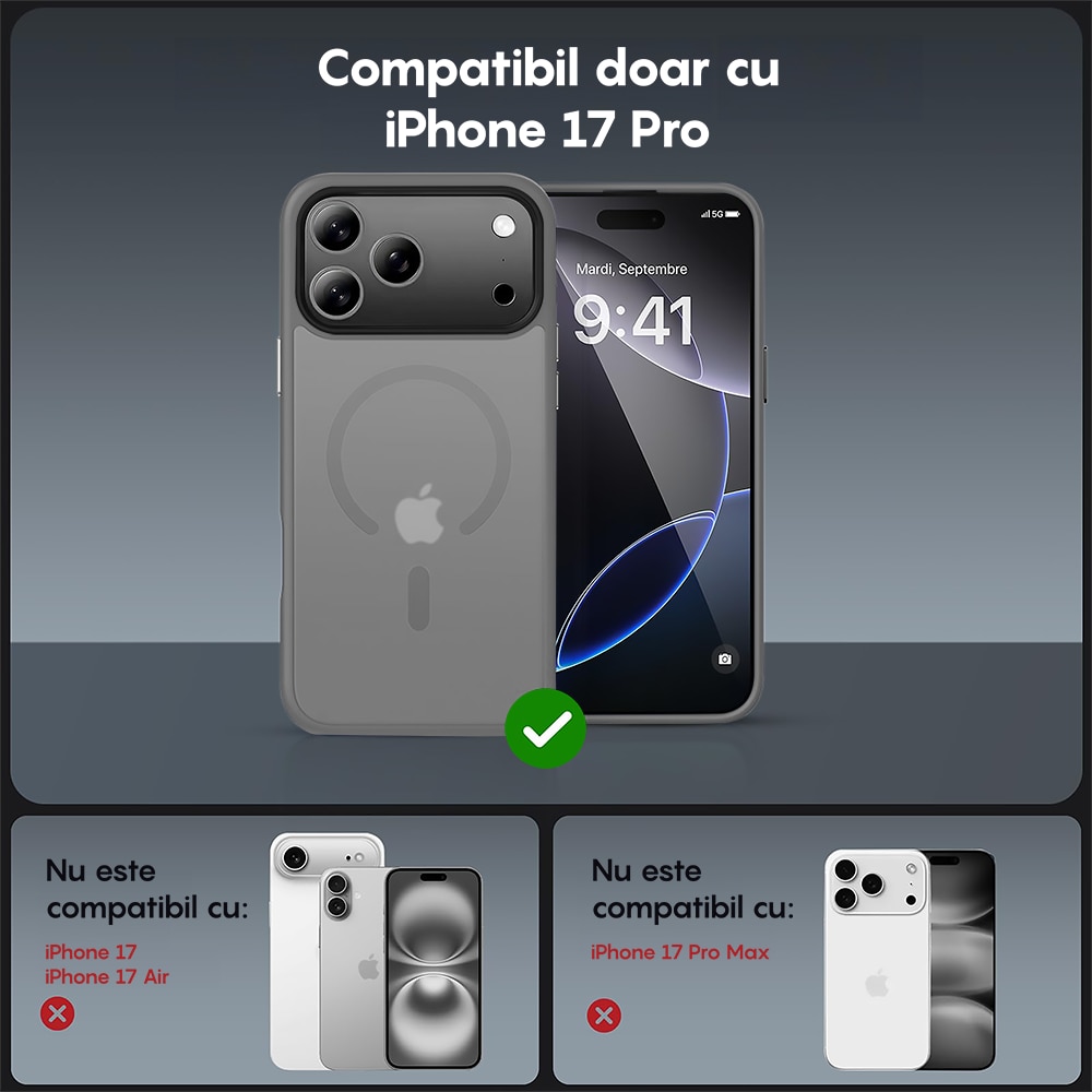 Husa compatibila cu Incarcare Magsafe pentru Apple iPhone 17 Pro Max, CASEY STUDIOS™, de Protectie, Slim, pentru Incarcare Wireless, Margini Ridicate pentru Protectia Ecranului si a Camerelor, Gri Deschis