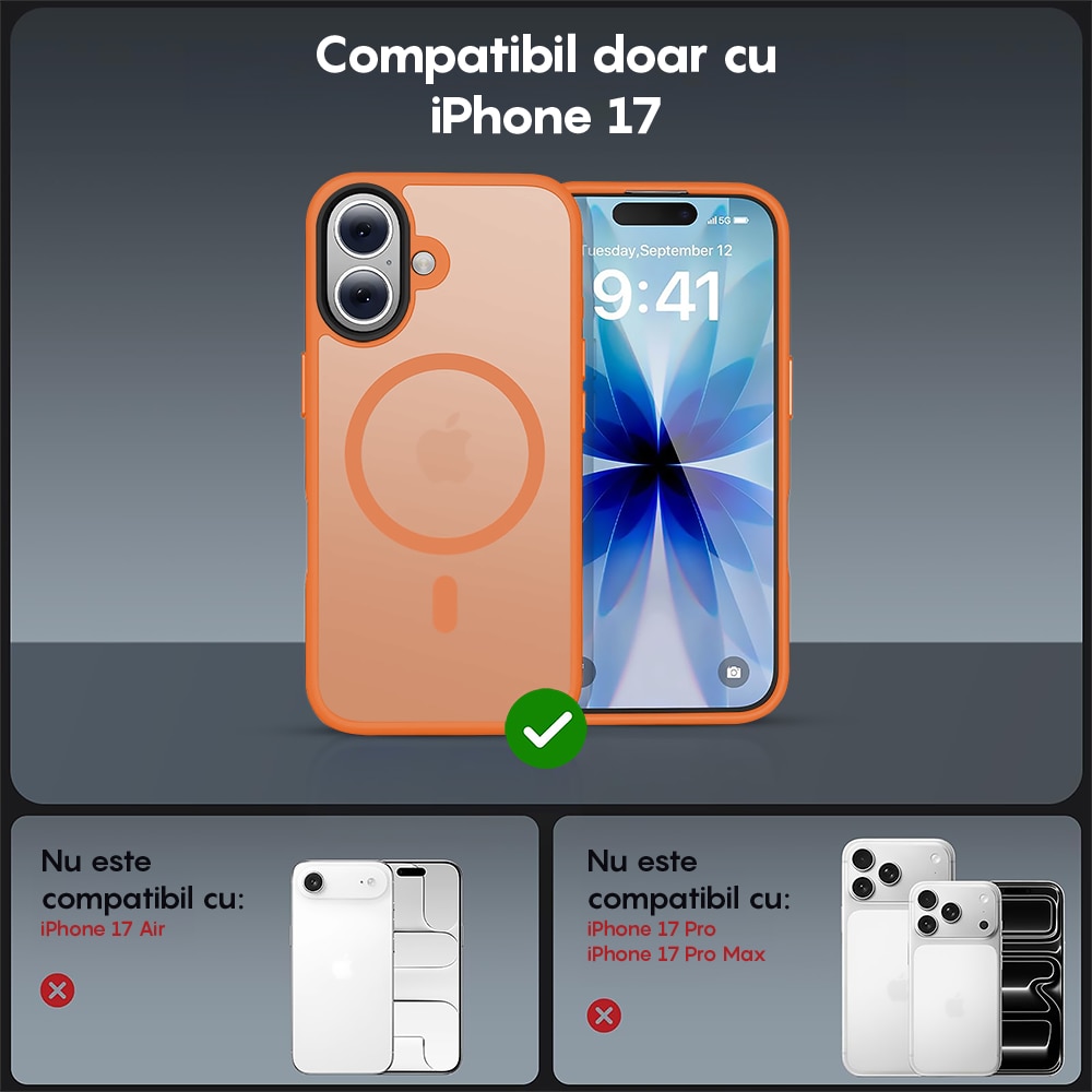 Husa compatibila cu Incarcare Magsafe pentru Apple iPhone 17, CASEY STUDIOS™, de Protectie, Slim, pentru Incarcare Wireless, Margini Ridicate pentru Protectia Ecranului si a Camerelor, Portocaliu