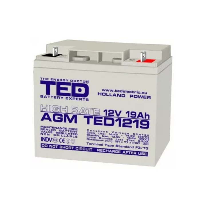 TED akkumulátor 12V 19Ah High Rate AGM ólom sav 181mm x 76mm x h167mm TED1219HRF3