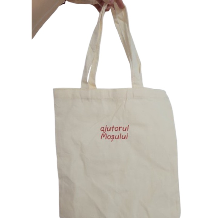 Sac de cadouri textil brodat "ajutorul Mosului", 34x38cm, pentru Secret Santa, rezistent