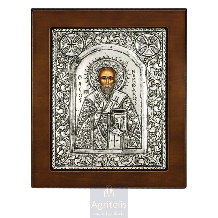 Icoana de argint 925o, Sf. Nicolae, sculptata manual, 17x13cm