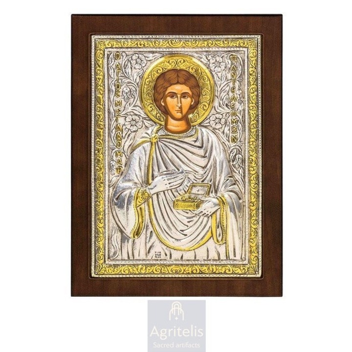 Icoana de argint 925, Sfantul Panteleimon, 23x17cm, lucrata manual