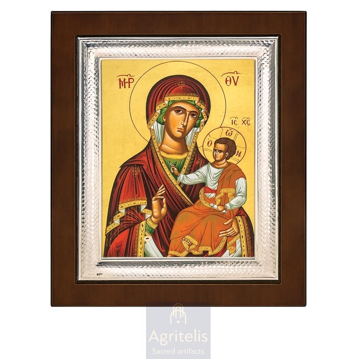 Icoana Panagia Odigitria, Agritelis, rochie rosie, argint 925, 26,5x21,5cm