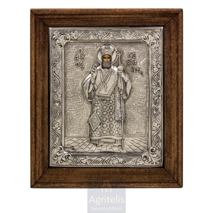 Icoana, Agritelis, Sfantul Nectarios, argint 925, 26.5x22.5cm