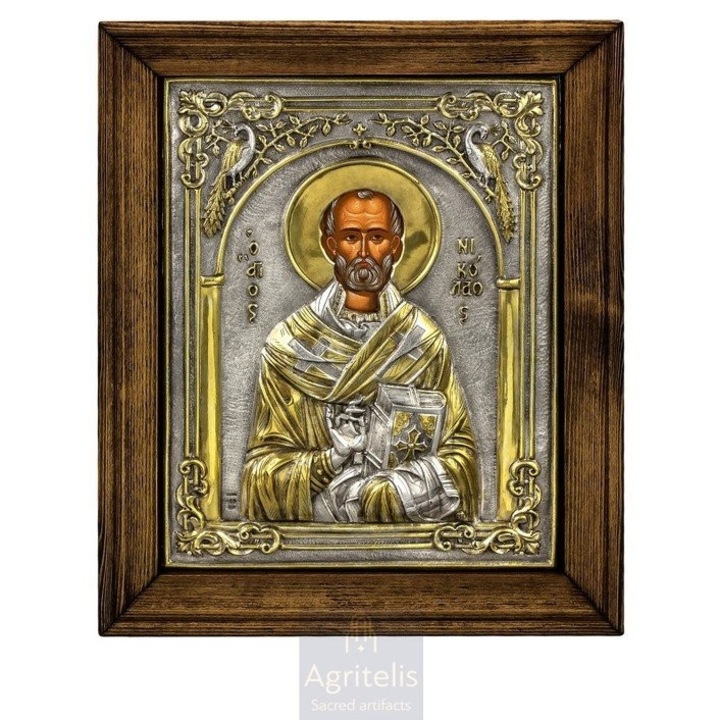 Icoana de argint 925, Agritelis, Sf. Nicolae, 29.5x24.5cm, lucrata manual