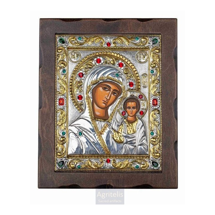 Icoana Panagia de Kazan, Agritelis, argint 925, 34.5x28cm, lucrata manual