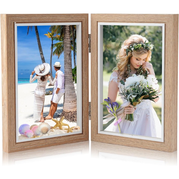 Rama foto dubla, Calum Best, 10x15cm, lemn natural, acril transparent