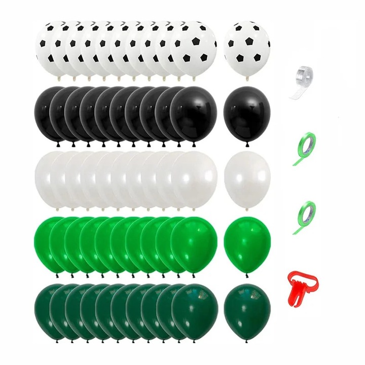 Kit aranjament baloane petrecere, tematica Fotbal, 90 bucati, accesorii prindere, alb, negru, verde