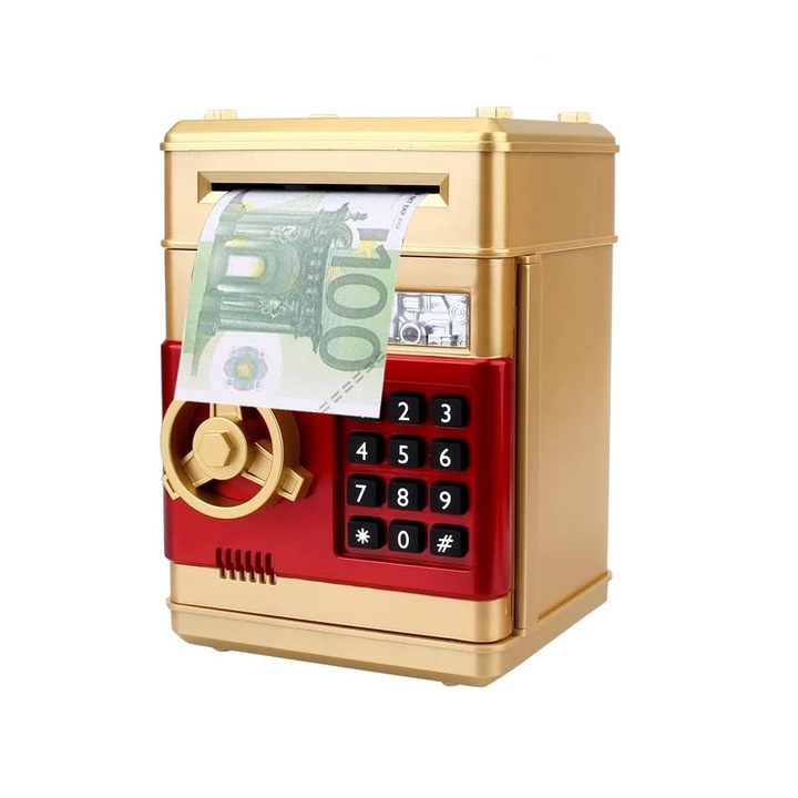 Seif interactiv pentru copii cu parola – pusculita electronica aurie