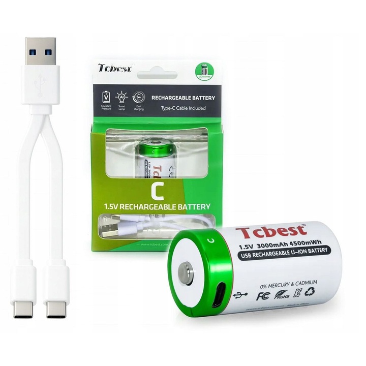 Baterie, tcbest, USB-C R14, 3000 mAh, 1.5 V, incarcare prin portul USB-C, poate fi incarcata de pana la 1200 de ori, timp de incarcare 2.5 ore, Multicolor, Setul include: 1 baterie, 1 cablu USB-A la 2x USB-C, Material: litiu-ion, Greutate: 36 g