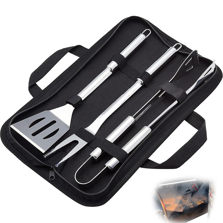 Set 4 Accesorii Gratar, din Otel Inoxidabil Premium, Include Geanta Transport, Ustensile pentru Gratar, pentru Utilizare in Interior si Exterior, Argintiu