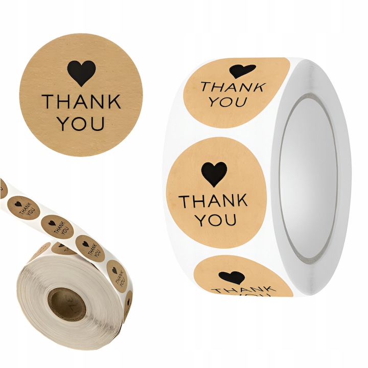 Set de 500 autocolante rotunde "THANK YOU" cu inima, Allbag, culoare bruna, diametru 2,5 cm