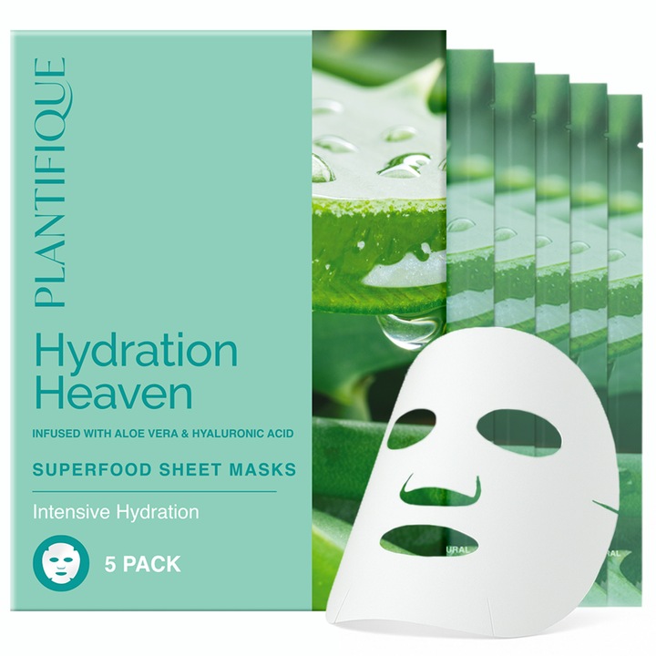 Masca de fata Hidratanta PLANTIFIQUE, Fabricata in Coreea, cu Acid Hialuronic si Aloe Vera, set 5 bucati – Solutie rapida pentru ten uscat si deshidratat, repara pielea crapata si obosita, efect de umplere si prospetime