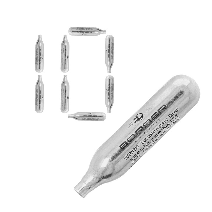 Set 10 Buc, Munitie Pentru Pistoale Airsoft, Borner, CO2 12g, Potrivit pentru Umarex, Borner, WinGun, Niksan Ekol Voltran, O capsula este suficienta pentru 60 de injectii, Conceput pentru utilizare profesionala si recreativa, Crom argintiu