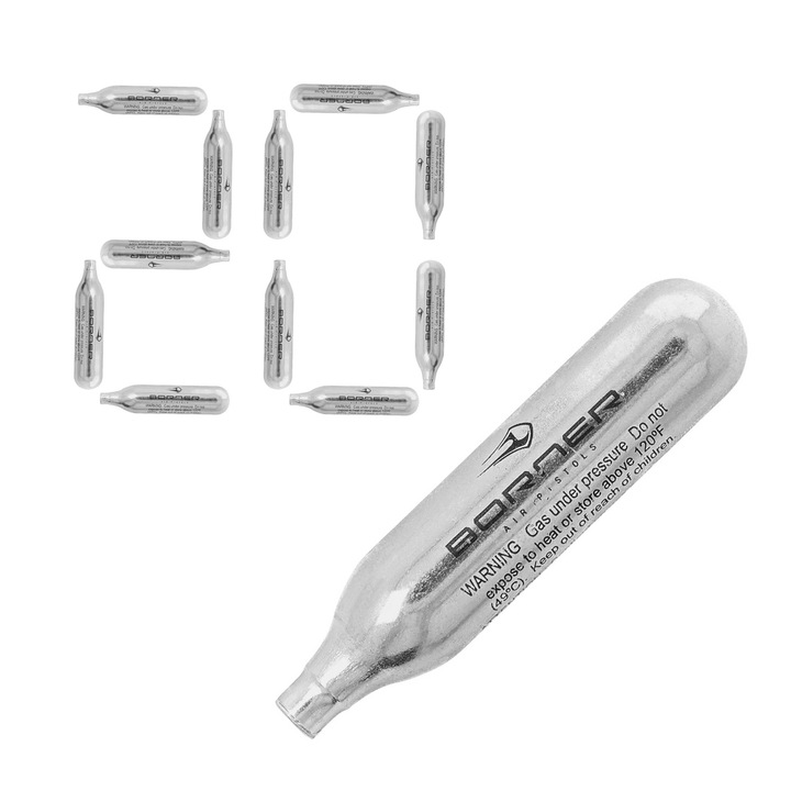 Set 20 Buc, Munitie Pentru Pistoale Airsoft, Borner, CO2 12g, Potrivit pentru Umarex, Borner, WinGun, Niksan Ekol Voltran, O capsula este suficienta pentru 60 de injectii, Conceput pentru utilizare profesionala si recreativa, Crom argintiu