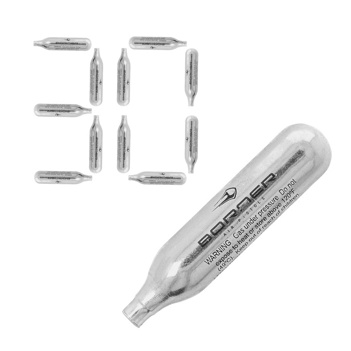Set 30 Buc, Munitie Pentru Pistoale Airsoft, Borner, CO2 12g, Potrivit pentru Umarex, Borner, WinGun, Niksan Ekol Voltran, O capsula este suficienta pentru 60 de injectii, Conceput pentru utilizare profesionala si recreativa, Crom argintiu