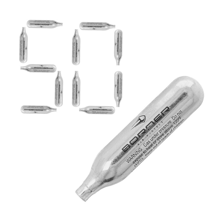 Set 50 Buc, Munitie Pentru Pistoale Airsoft, Borner, CO2 12g, Potrivit pentru Umarex, Borner, WinGun, Niksan Ekol Voltran, O capsula este suficienta pentru 60 de injectii, Conceput pentru utilizare profesionala si recreativa, Crom argintiu