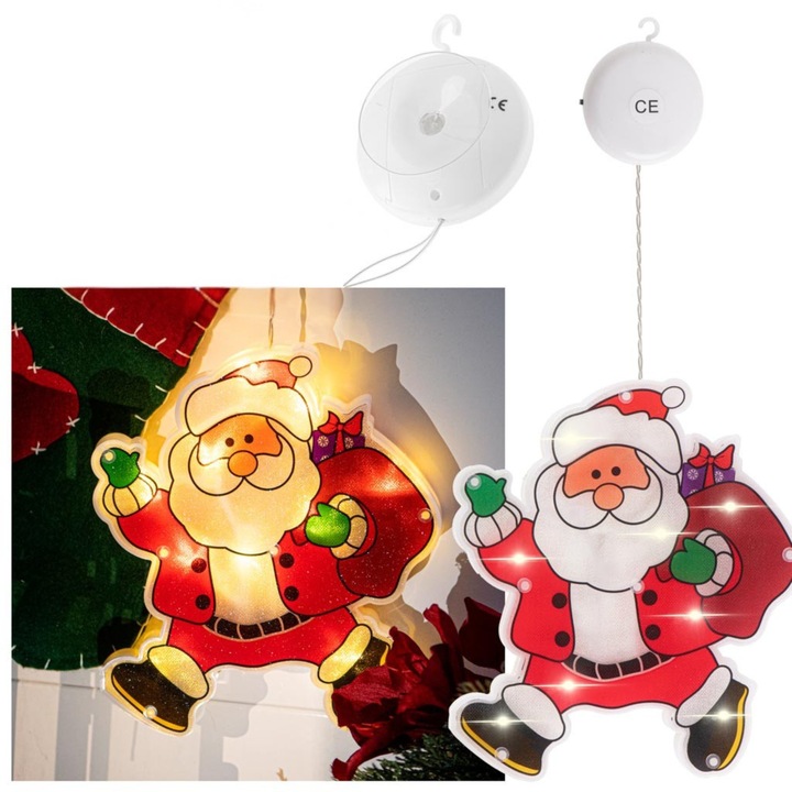 Decoratiune Craciun LED, Mos Craciun, multicolor, 20x18x2cm, alimentare baterii, montare cu ventuza