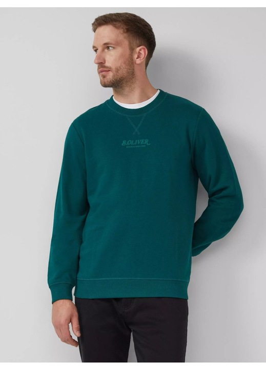 S.Oliver Bluza barbati cu decolteu la baza gatului, logo, Regular Fit, Verde