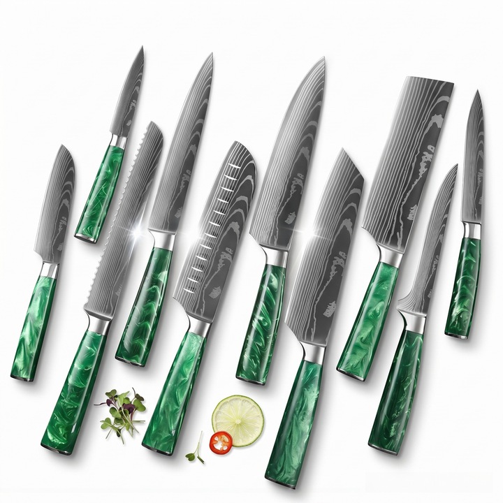 Set cutite profesionale, 10 piese, din otel carbon, cu duritate, calire cu laser, ergonomice, maner Deluxe Pakka, cu aspect elegant de Damasc, pentru bucatarie si macelarie, cutie prezentare