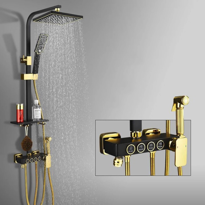 Coloana de Dus, Amalux®, Set de Dus Cu 4 Functii si Para Cu Efect Ploaie, Corp Din Alama Rezistenta, Montare Pe Perete, Design Elegant Cu Detalii Rafinate, Stil Modern Pentru Baie Contemporana, Negru/Auriu