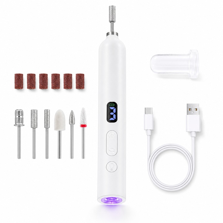 Freza Electrica Unghii 2 in 1 cu Lampa UV, Reincarcabila USB Type-C, 3 Viteze + Sens Reversibil, 13800RPM, Set 5 Capete, Portabila, Ideala pentru Uz Casnic, Alb
