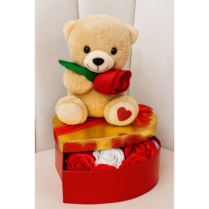 Set Cadou Ziua indragostitilor cu Ursulet de Plus cu Trandafiri din Spuma, Cutie Inima, 10 Trandafiri Rosii, 1 Trandafir Alb