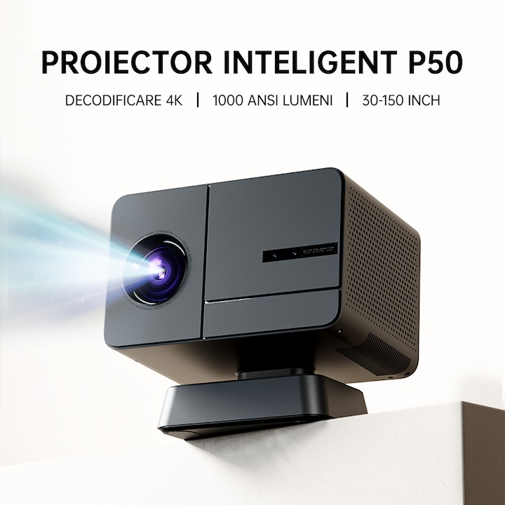 Videoproiector portabil, HEAXEHNO™, P50, 1000ANSI, suporta 8K, 1080P, Android 14, Wi-Fi 6, BT 5.0, cu focalizare automata, conexiune HDMI, USB si Mirroring Android/IOS, Negru