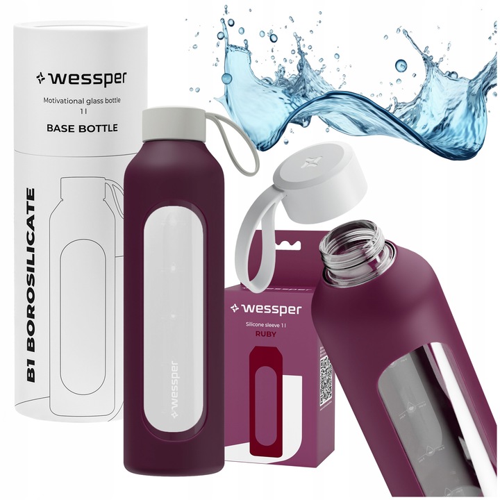 Sticla de apa sport, motivationala, sticla, Wessper B1 BOROSILICATE, 1000ml, rosu rubininiu, fara BPA + husa de protectie