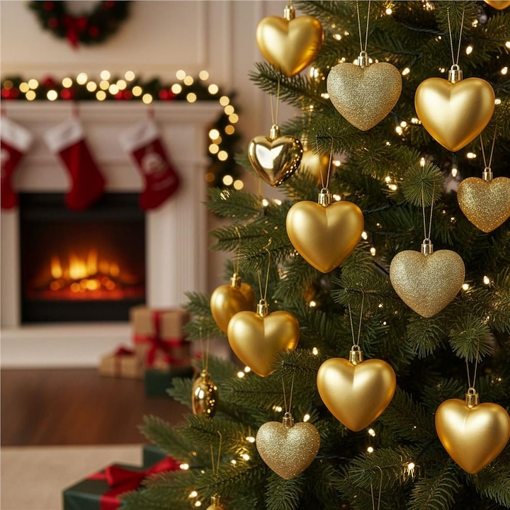 Set globuri de Craciun Sersimo, inima, 16 bucati, finisar mixte, auriu, 4-7 cm