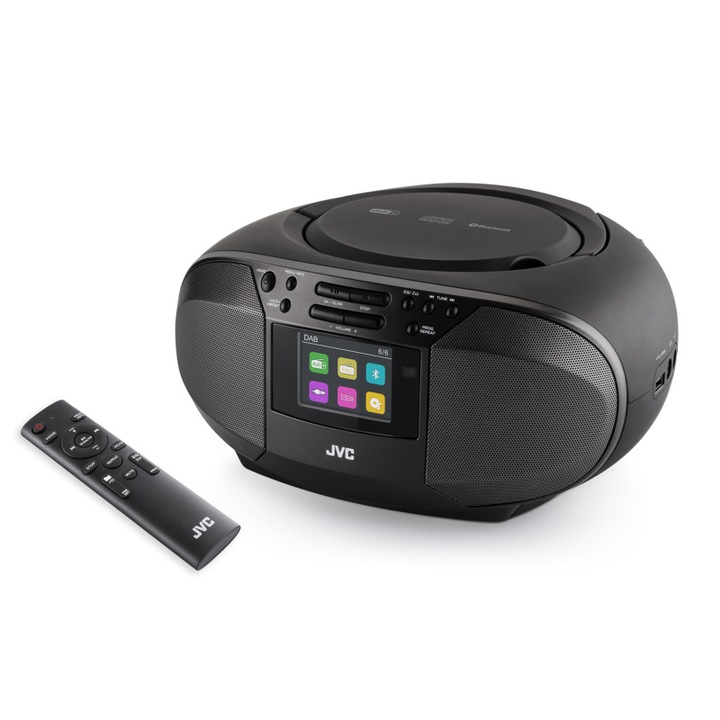 Radio cu CD JVC RD-E664B-DAB, 2x2.5W RMS, Bluetooth, USB, afisaj LCD, ceas, telecomanda, negru