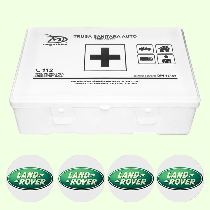 Trusa Medicala Auto Omologata R.A.R De Prim Ajutor, 20 de Articole medicale DIN 13164, 4x Stickere Auto Cu Land-Rover