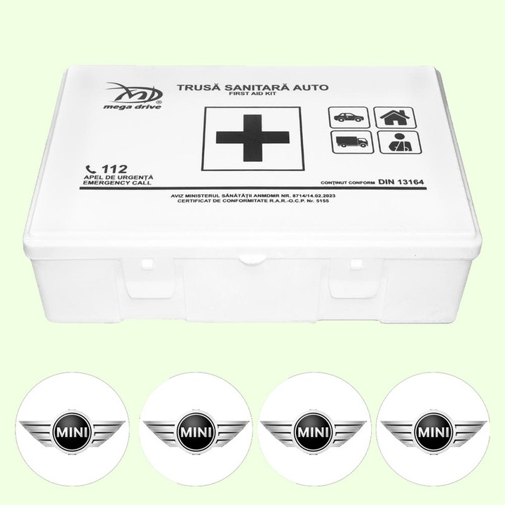Trusa Medicala Auto Omologata R.A.R De Prim Ajutor, 20 de Articole medicale DIN 13164, 4x Stickere Auto Cu Mini
