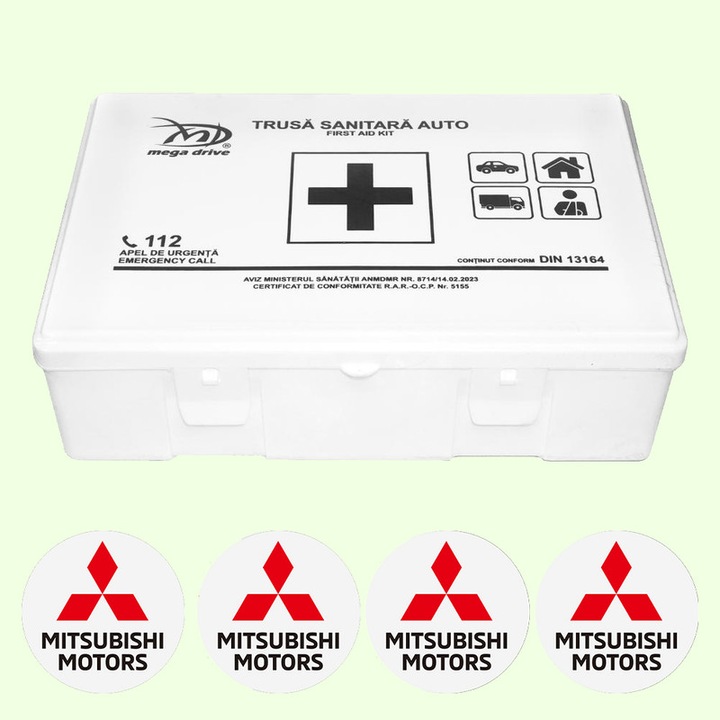 Trusa Medicala Auto Omologata R.A.R De Prim Ajutor, 20 de Articole medicale DIN 13164, 4x Stickere Auto Cu Mitsubishi