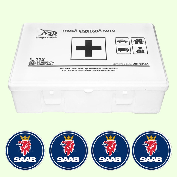 Trusa Medicala Auto Omologata R.A.R De Prim Ajutor, 20 de Articole medicale DIN 13164, 4x Stickere Auto Cu Saab