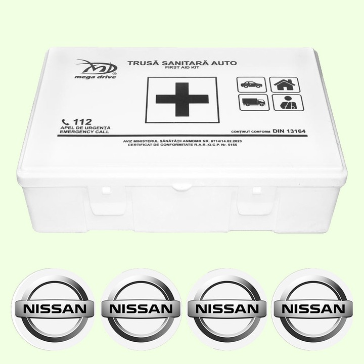 Trusa Medicala Auto Omologata R.A.R De Prim Ajutor, 20 de Articole medicale DIN 13164, 4x Stickere Auto Cu Nissan