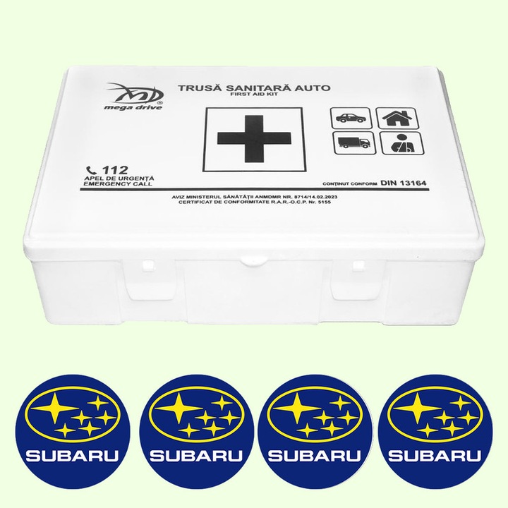 Trusa Medicala Auto Omologata R.A.R De Prim Ajutor, 20 de Articole medicale DIN 13164, 4x Stickere Auto Cu Subaru