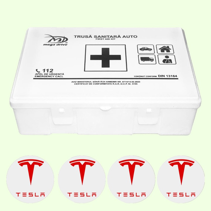 Trusa Medicala Auto Omologata R.A.R De Prim Ajutor, 20 de Articole medicale DIN 13164, 4x Stickere Auto Cu Tesla
