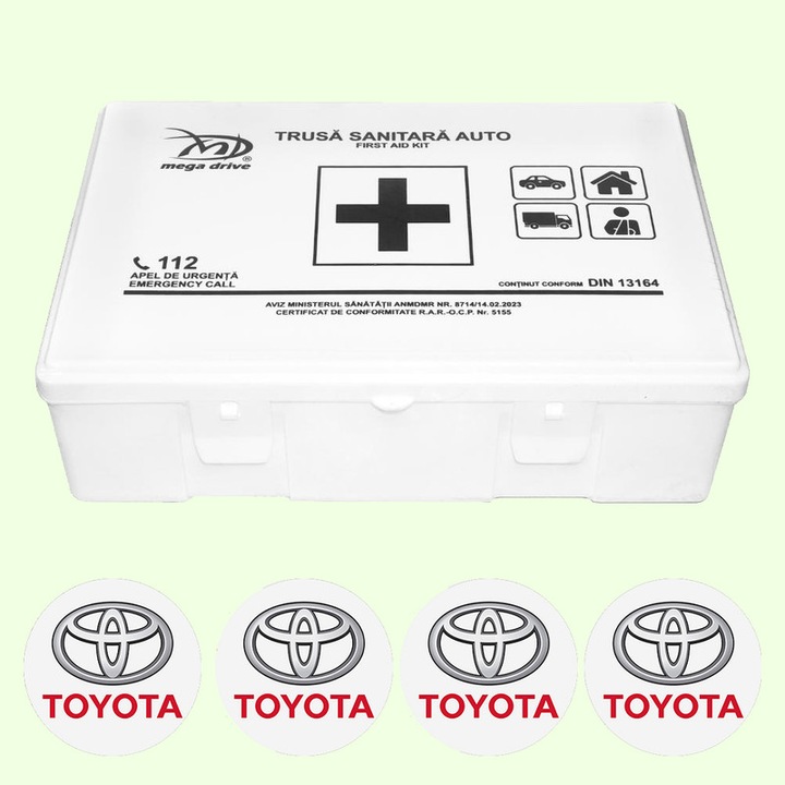 Trusa Medicala Auto Omologata R.A.R De Prim Ajutor, 20 de Articole medicale DIN 13164, 4x Stickere Auto Cu Toyota